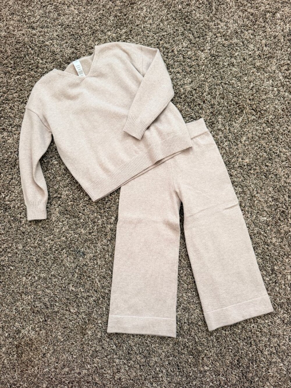 tones Luxe Knit Set 3T, V-Neck Sweater + Wide Leg Pants, Cream Beige Unisex Cozy